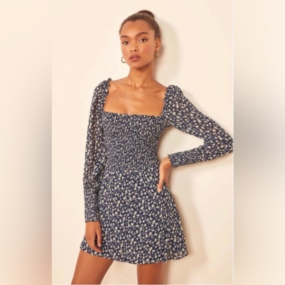 Reformation Kelli Smocked Bodice Fit & Flare Mini Dress Blue White Floral Sz L